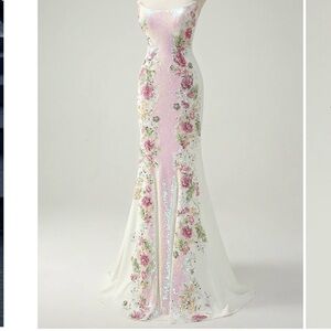 New Zapaka shimmering White and Pink Floral Sequin Maxi gown women’s size 2